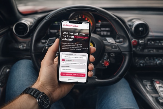 Smartphone mit Deal4Drive-Display in einem Sportwagen